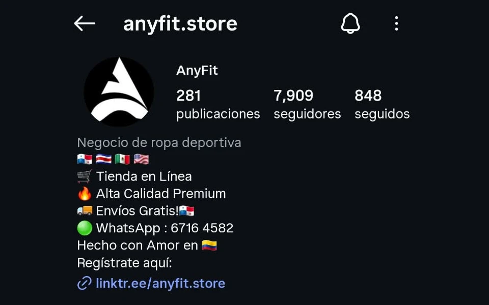 Perfil de Instagram de AnyFit Store
